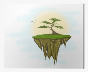 Tree Growing On A Floating Island, Sky And Large Sun - Painting