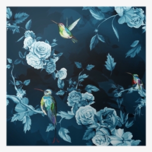 Humming Bird, Roses, Peony With Leaves On Dark Blue - Hip Dekbedovertrek Chachou Katoensatijn 140 X 220 Cm