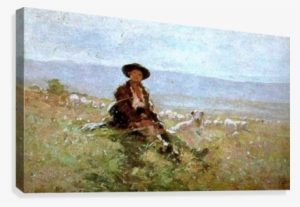 Young Shepherd With Sheep In The Back Canvas Print - Peak