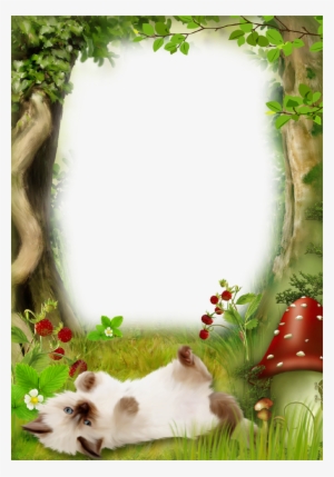 Green Forest Nature Picture Frame With Cute Kitten - Picture Frame