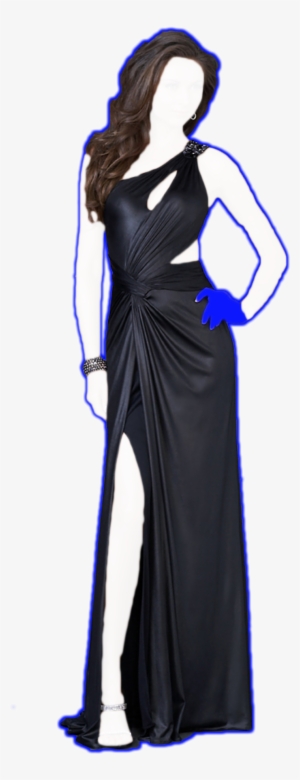 Black Jersey Full Length Evening Dress With Asymmetric - Gown