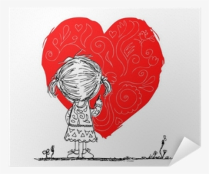 Girl Draws Red Heart, Valentine Card Sketch For Your
