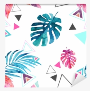 Abstract Watercolor Triangle And Exotic Leaves Seamless - Art Print: Tanycya's Tropical Leaves, 61x46cm.