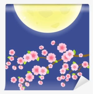 Sakura Cherry Tree On Sky With Yellow Moon Wall Mural - Illustration