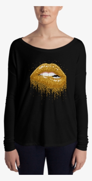 Ladies' Glitter Gold Sparkles Lips Long Sleeve Tee - Long-sleeved T-shirt