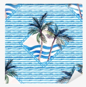 Watercolor Palm Tree Print In Geometric Shape On Striped - Shape