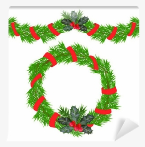 Christmas Garland And A Wreath With Holly Berries Wall - Ghirlanda Di Natale Vettorial