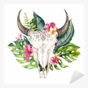 Watercolor Bohemian Cow Skull And Tropic Palm Leaves - Watercolor Cow Skull Boho
