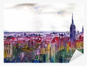 Watercolor Drawing Cityscape Big City Downtown, Aquarelle - Watercolor Painting