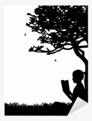 Girl Reading A Book Under The Tree In Spring In Park - Silhouette Tree Girl Reading