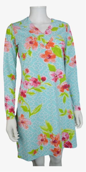 Ibkul Icifil Long Sleeve Dress Ashly Seafoam/pink V-neck - Day Dress