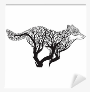 Wolf Run Silhouette Double Exposure Blend Tree Drawing - Wolf Running Silhouette Tattoo