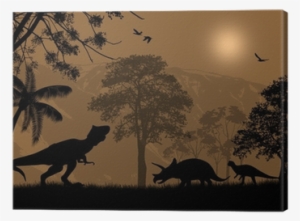 Dinosaurs Silhouettes In Beautiful Landscape Canvas - Illustration