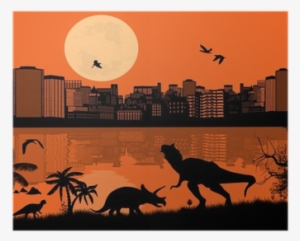 Dinosaurs Silhouettes In Front A City Scape Poster - Illustration