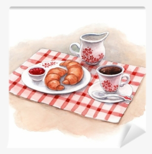 Watercolor Illustration Of Breakfast With Croissants - 早餐 水彩