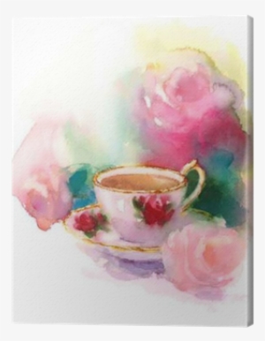 Watercolor Vintage Porcelain Teacup And Garden Roses - Watercolor Painting