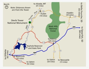 A Map Of The Area Roads Around Devils Tower - Mountain