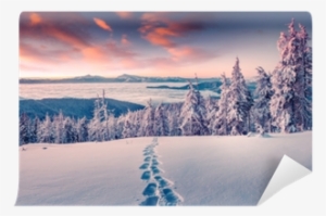 Foggy Winter Sunrise In The Snowy Mountain Wall Mural - Snow