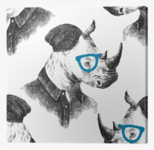 Seamless Pattern With Dressed Up Rhino Canvas Print - 'hipster Rhino In Black And White' Graphic Art Print