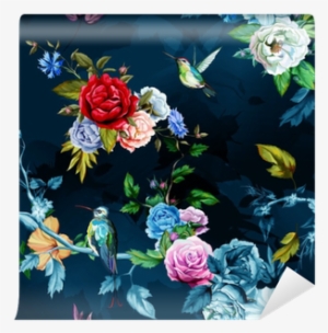 humming bird,wild roses, peony, cornflower with leaves - hip dekbedovertrek chachou katoensatijn 140 x 220 cm