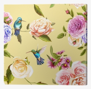 humming bird, roses with leaves on yellow - carta da parati colibrì