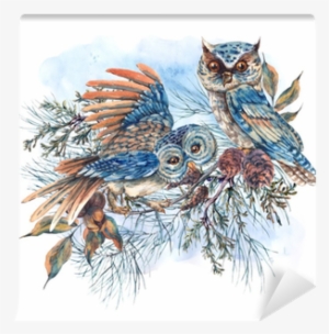 Watercolor Greeting Card With Owls, Spruce Branches - Watercolor Painting