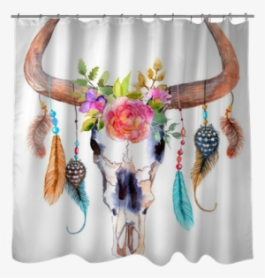 Watercolor Bull Skull With Flowers And Feathers Shower - Boho Skull