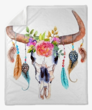 Watercolor Bull Skull With Flowers And Feathers Plush - Boho Cow Skull