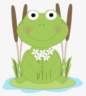 Frog With Flowers In A Pond Clip - Frog Lily Pad Clip Art