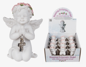 Kneeling Polyresin Angel With Pink Coloured Rosary - Polyresin Angel With Rose