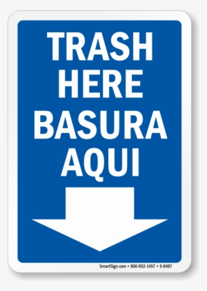 Bilingual Trash Here Sign - Sanitize Hands Here (with Down Arrow Symbol), Aluminum