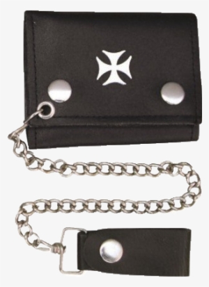 4 Inch Black Leather Chain Wallet With Iron Cross - 7634 Tri-fold Wallet With Chain Flames