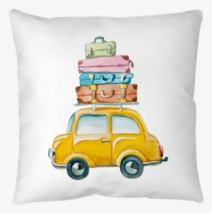Hand Drawn Yellow Car With Suitcase On The Roof - Car Watercolor Clipart