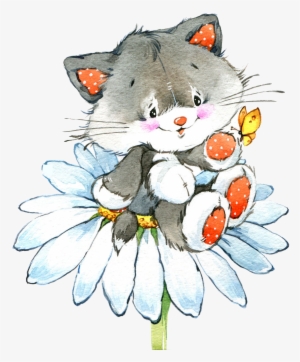 Cat Drawing Watercolor Painting Illustration - Giclee Painting: Int’l's Kitten On A Flower, 61x46in.