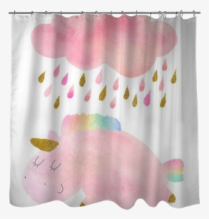 Watercolor Unicorn And Cloud With Rain Shower Curtain - Curtain
