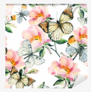 Watercolor Briar Flowers And Butterfly Seamless Pattern - Watercolor Painting