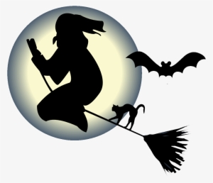 Free Witch Flying On A Broom With A Cat And Bat In - Halloween Png
