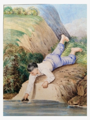 Watercolor Of Oriental Boy Drawing Water C - Drawing