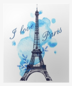 Blue Watercolor Blots And Eiffel Tower Poster • Pixers®
