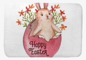 Hand-drawn Watercolor Easter Bunny, Colored Egg And - Easter