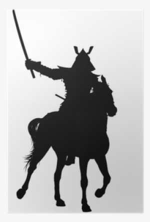 Samurai With Sword On Horseback Vector Silhouette Poster - Horseback Samurai