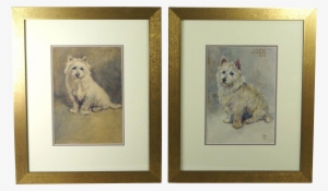 Antique Watercolor Pair Of West Highland Terrier Dog - Picture Frame
