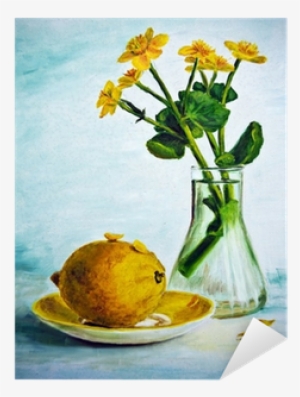Tuval Üzerine Sarı Çiçek Ve Limon, Yağlı Boya Ile Natürmort - Canvas
