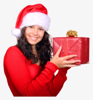 Girl With Red Santa Claus Hat Holding Gift Box Png - Girl Santa Claus Cap