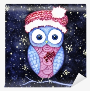 Cute Owl In The Santas Hat And Dogberry Winter Night - Duvar Kağıtları Şirin Bilgisayara