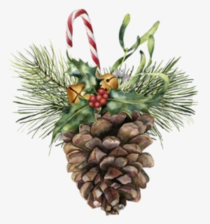 Watercolor Pine Cone With Holiday Decor - Watercolor Paintings Of Christmas Bells