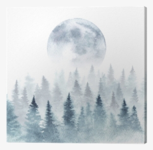 Landscape Of A Winter Forest And Rising Moon - Moon Watercolor Forest