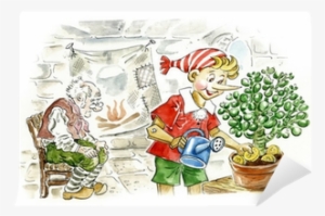 pinocchio burying gold coins in flower pot wall mural - coin