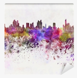 Panama City Skyline In Watercolor Background Wall Mural - Red And White Watercolor Background