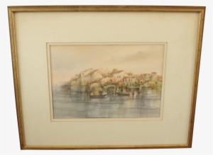 Vintage Impressionist "harbor Scene" Watercolor Painting - Picture Frame